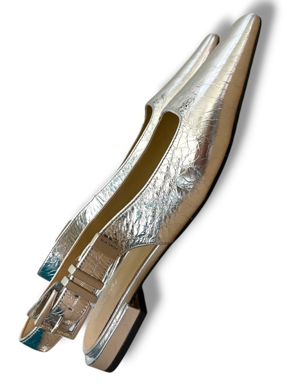 Michael Kors Silver Slingback Flats 7.5M Metallic Crackle Leather Pointed Toe - Picture 3 of 10